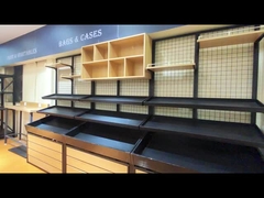 Refeitório de loja de estantes de madeira de metal Refeitório de estantes painel traseiro Quadro de madeira Refeitório de estantes de supermercado