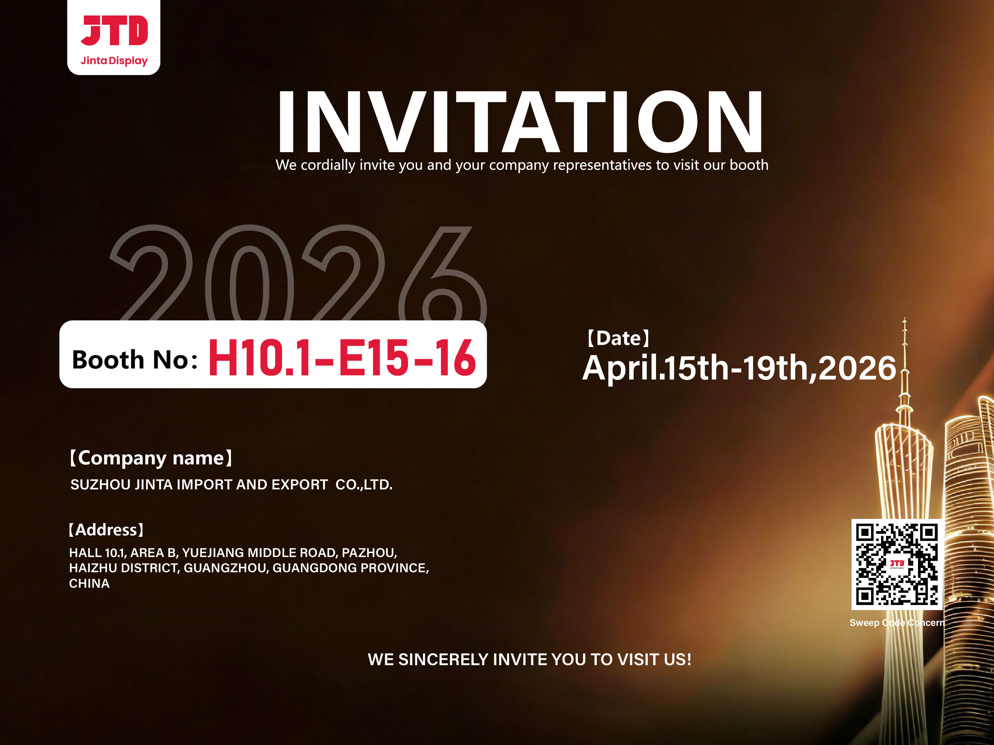 Últimos blogs da empresa sobre A Suzhou Jinta Import & Export Co., Ltd. convida você sinceramente para visitar nosso estande na 139ª Feira de Cantão.