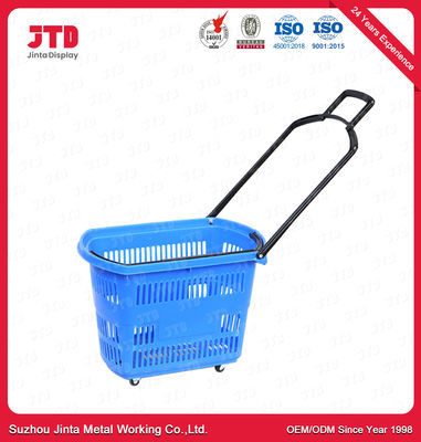 Cesta de compra plástica azul do supermercado das cestas 60L do trole com rodas